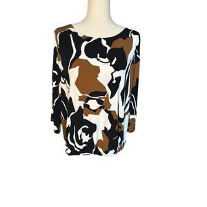Chico's Abstract Size 1, M Cold-Shoulder Top brown black 3/4 sleeve stretch